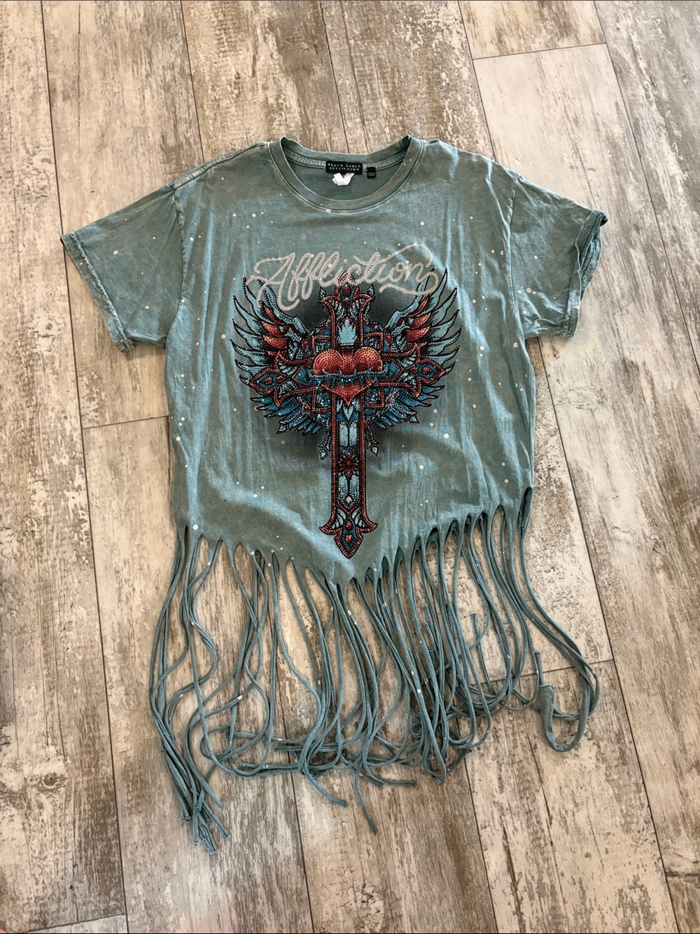Affliction Teal Fringe Winged Cross Graphic Tee